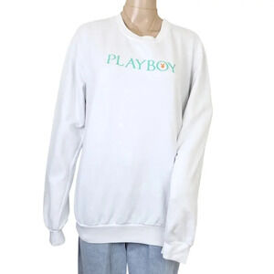 PLAYBOY Hollywood White Hoodie  Teal Logo Adult Size Medium